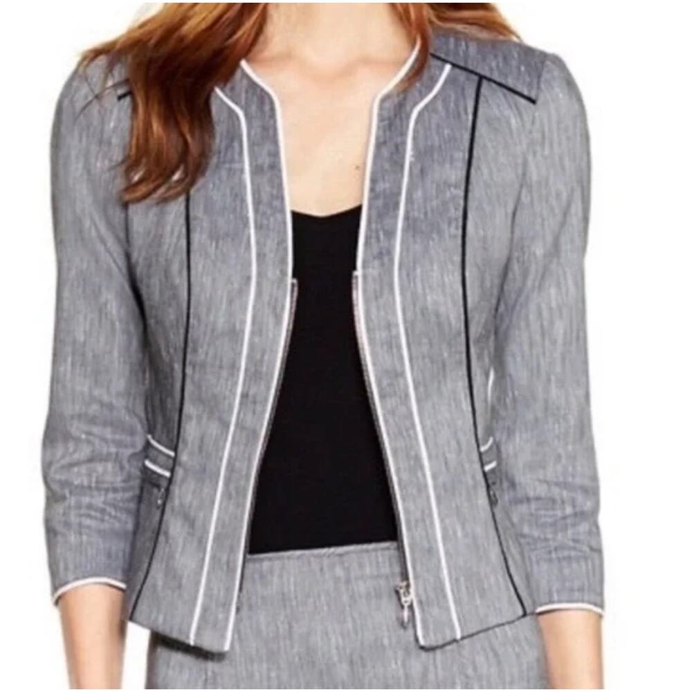 WHBM Women’s Linen Blend Gray Zip front Cropped 3/4 Sleeve Blazer 6